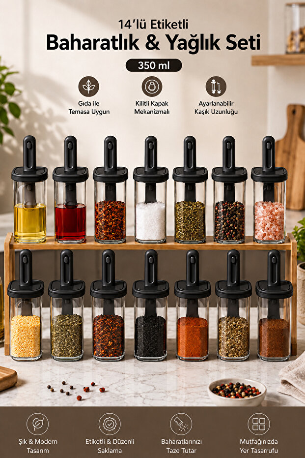 1104 14-Piece Sliding Self-Spoon Leakproof Lid Labeled Spice Set - Storage Container