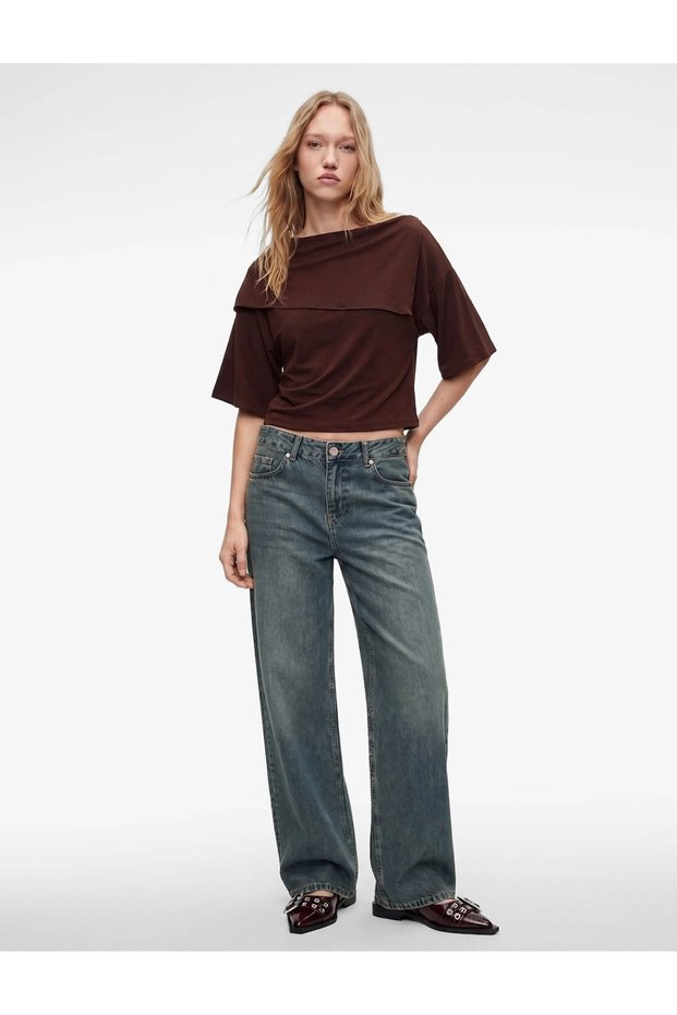 Viscose Blended Layered Collar Off-The-Shoulder Bat Sleeve Blouse