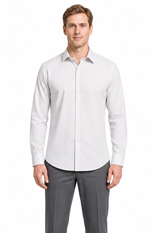 White Long Sleeve Pattern Half Italian Collar Pocketless Stretchy Classic Slim Fit Shirt 1004245220