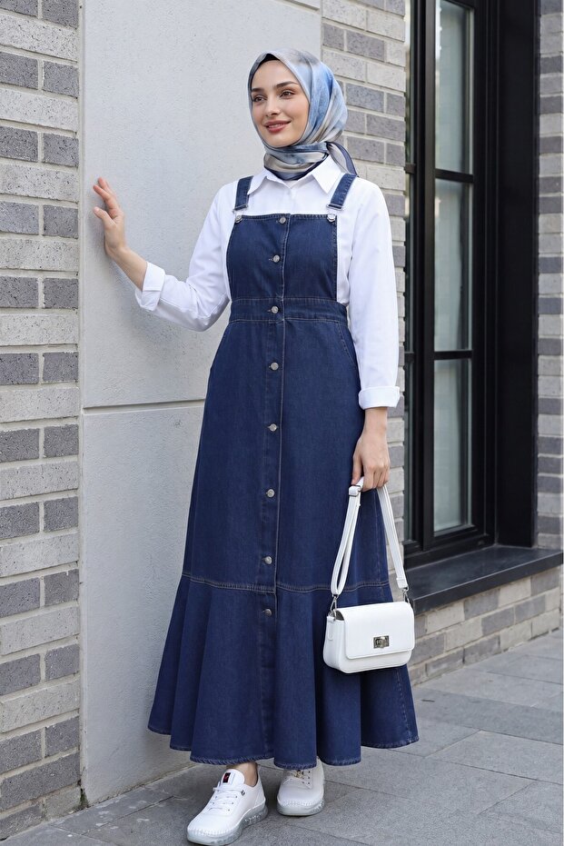 Buttoned Front, Side Pockets, Ruffled Skirt, Denim Gilet - Dark Blue