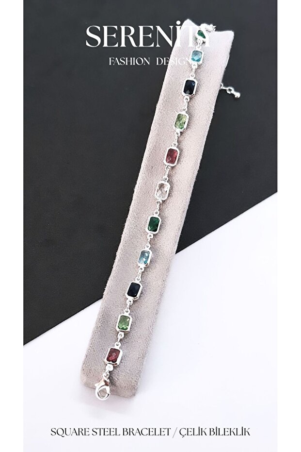 Colorful Zircon Stone Square Cut Steel Plated Bracelet