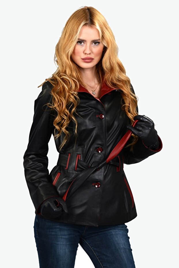 Red Garnished Genuine Lambskin Women's Short Trench Coat Black