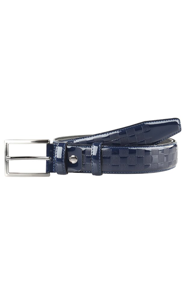 Tera Genuine Leather Patent Leather Men's Classic Belt Navy Blue