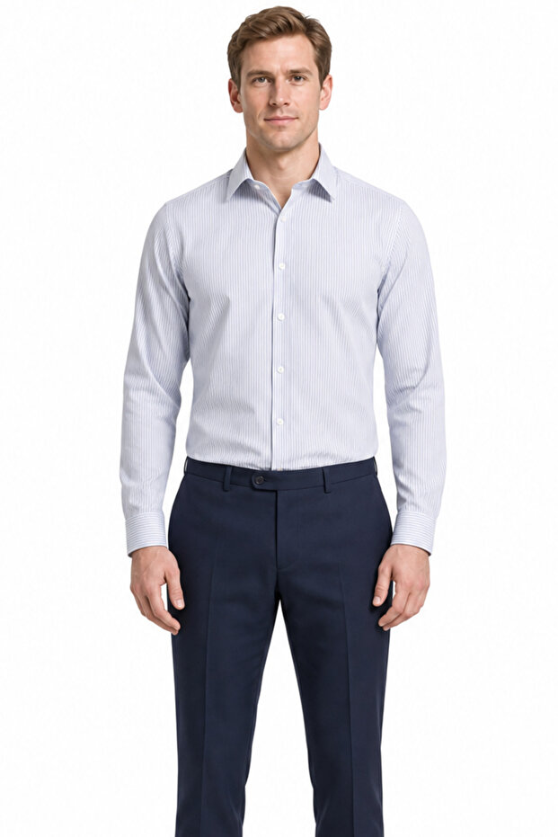 Men's Blue Striped Long Sleeve Patterned Half Italian Collar Flexible Slim Fit Shirt 1004245218