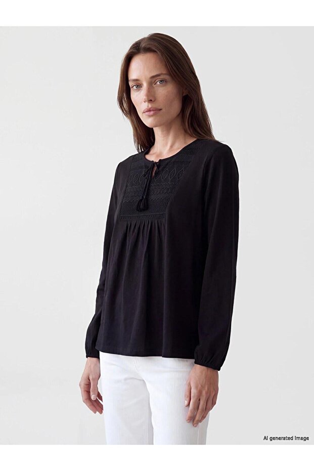 Tie Collar Embroidered Blouse (W6)