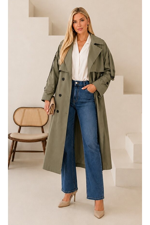Women's Plus Size Double Breasted Collar Bondit Fabric Waterproof Lined Oversize Trench Coat Jacket 29010