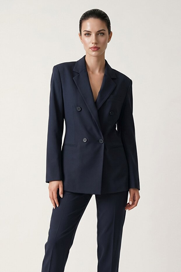Navy Blue Double-Breasted Jacket with Button and Pocket Detail