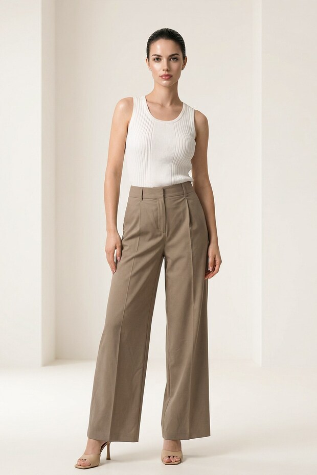 Dark Beige Pleated Detailed Relaxed Fit Trousers