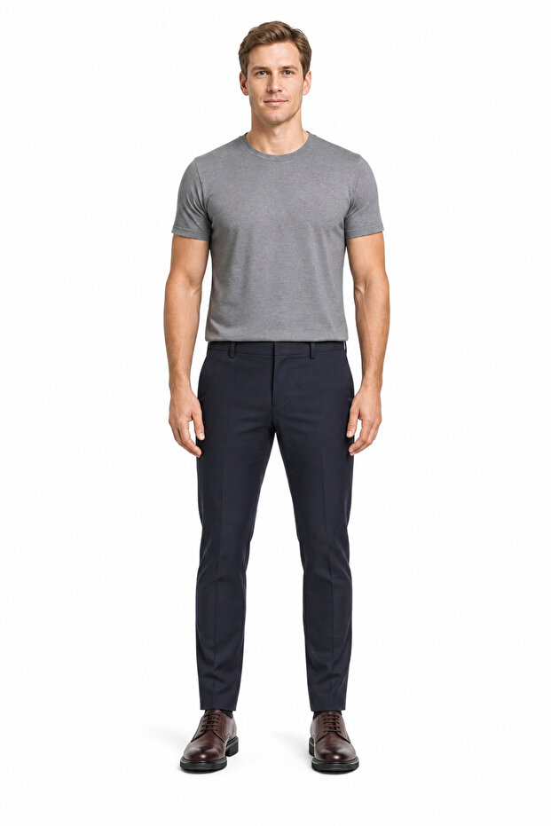 Navy Blue Side Pocket Open Leg Self Patterned Slim Fit Trousers 1003255152