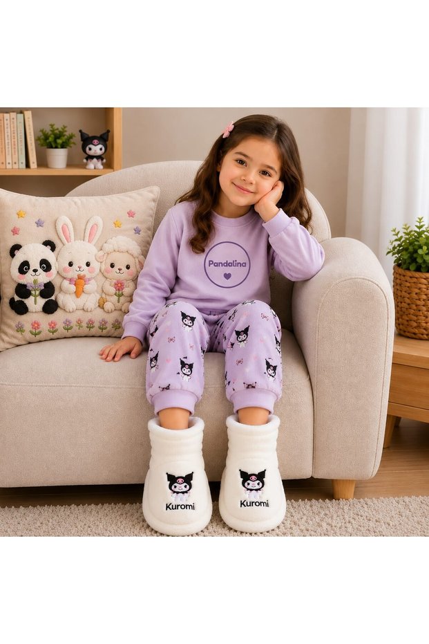 Girl's Ecru Slippers Side Velcro Non-Slip Sole Kindergarten Nursery Home Shoes