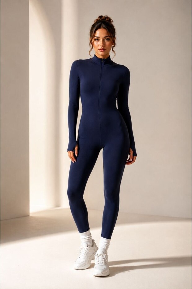 Navy Blue Fleece Fitted Jumpsuit