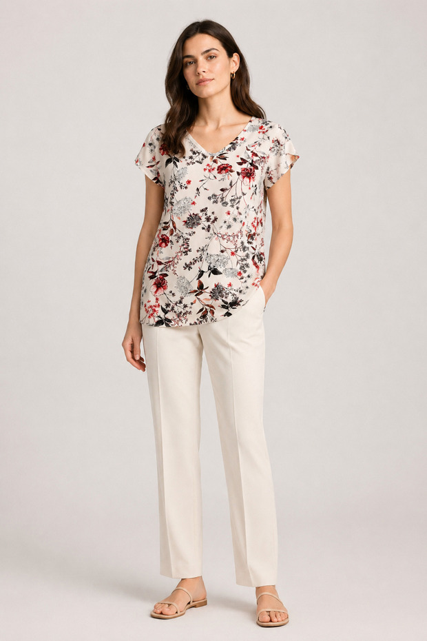 Cream Floral Patterned Women's Blouse V-Neck Loose Cut Casual Summer Blouse