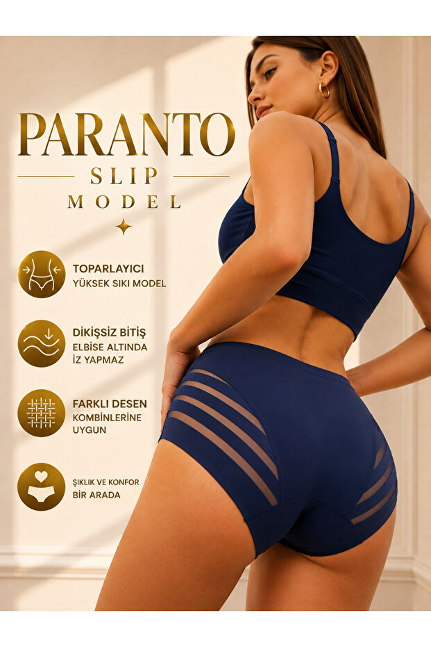 Paranto Model Semi-Transparent Tulle Detailed Gathering Women's Slip Navy Blue Color