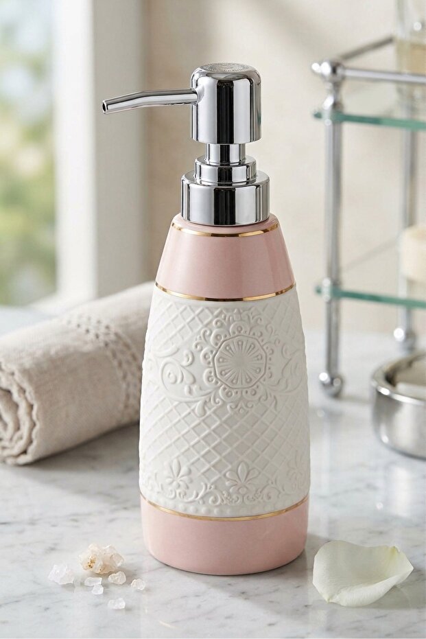 Ceramic Pink - White Flower Patterned Liquid Soap Dispenser 0.50 Liter