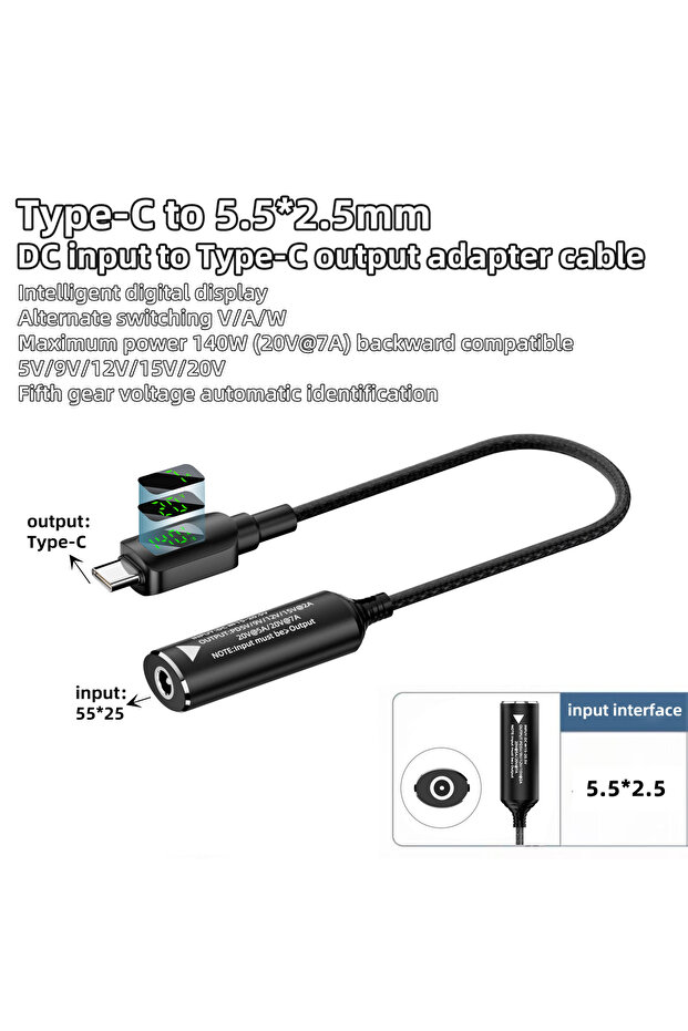 140W-SX-55-25 140W Notebook Power Conversion Cable 5/9/12/15/20V DC Female Head to TypeC PD Power Co