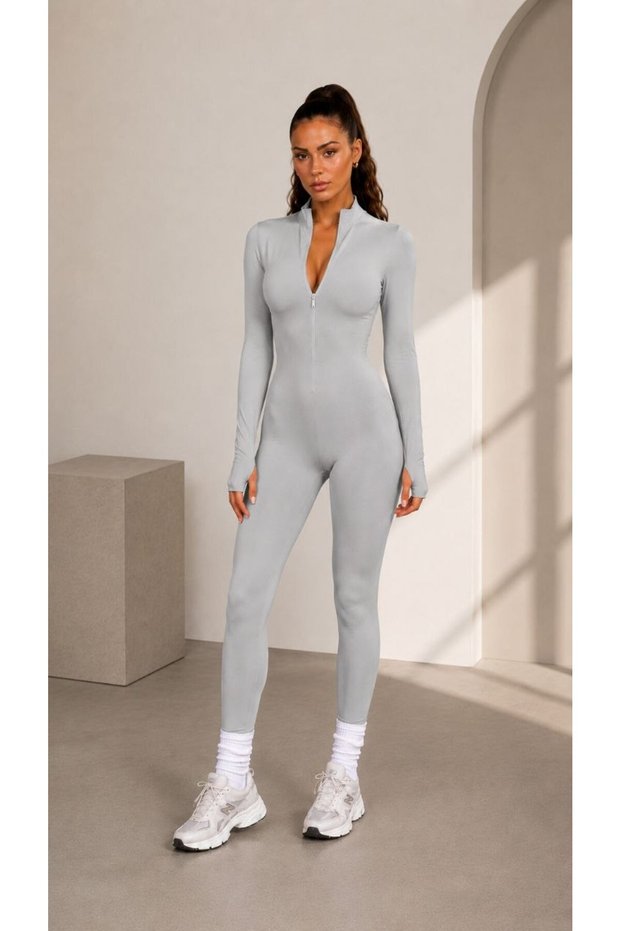 Gray Fleece Fitted Fleece Leggings Jumpsuit