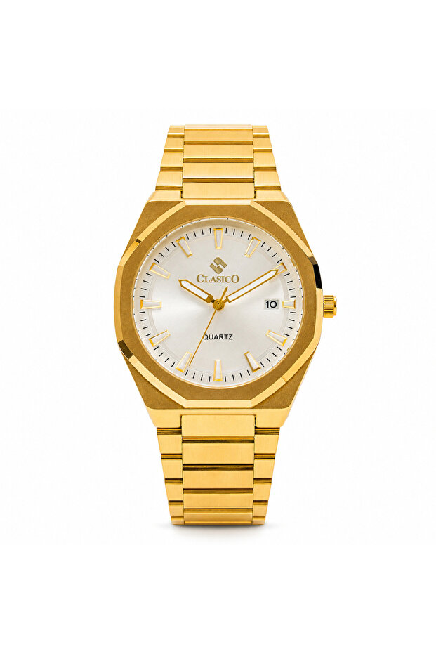Legacy Men’s Analog Quartz Watch | Octagonal-Inspired Case, Date Display, Luminous-Style Hands & Integrated Metal Bracelet – Gold Case