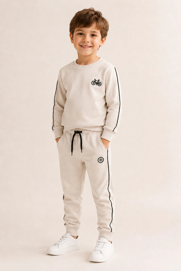 Boy's Cream Cycling Patterned Black Ribbed Tracksuit Set