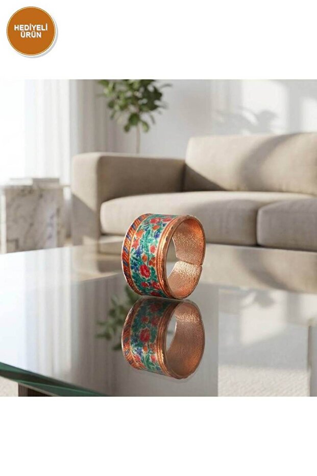 Copper Green Red Ethnic Patterned Wide Form Adjustable Ring