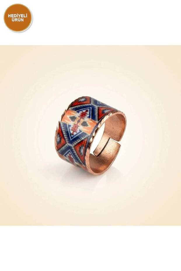 Copper Navy Blue Red Star Motif Wide Form Adjustable Ring