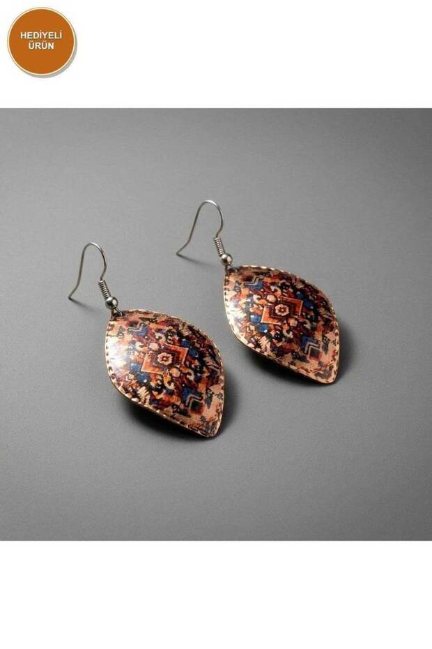 Copper Navy Blue Orange Floral Pattern Dangle Earrings