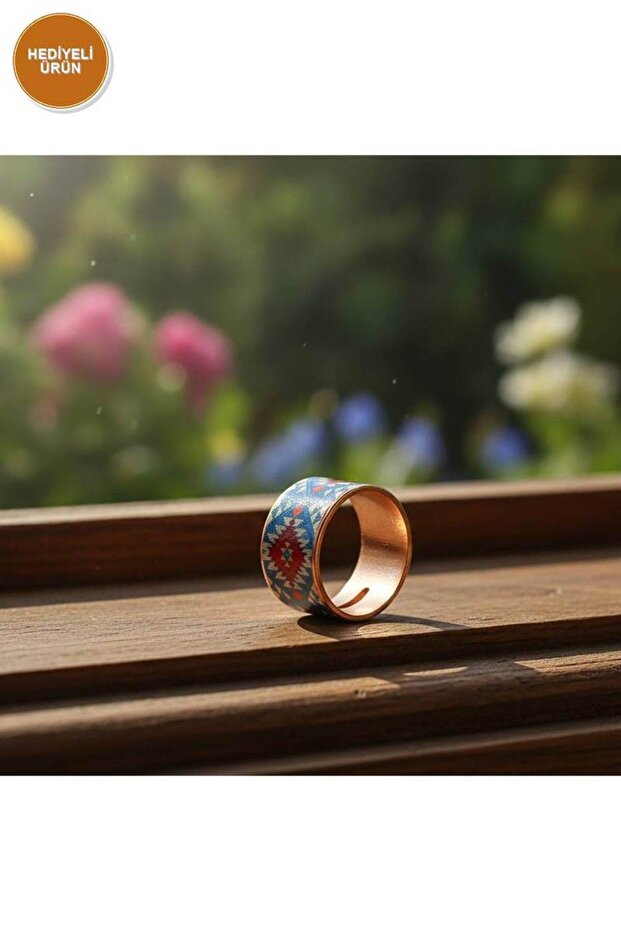 Copper Blue Red Ethnic Floral Pattern Wide Form Adjustable Ring