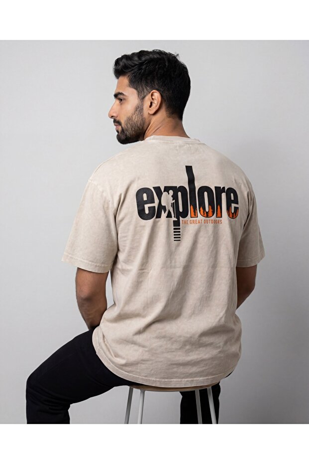 تيشيرت أوفر سايز بلون بيج بتصميم “Explore” | ستريت وير - Relax | واسع مريح