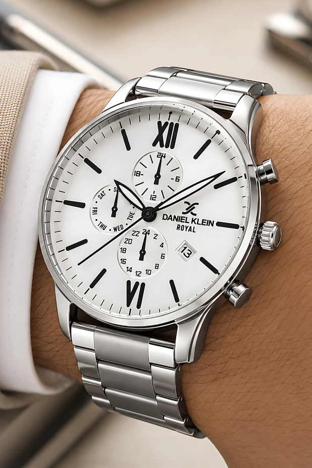 Steel Cord&Case Calendar Men Wrist Watch+Bracelet Silver-White Zmdk1133