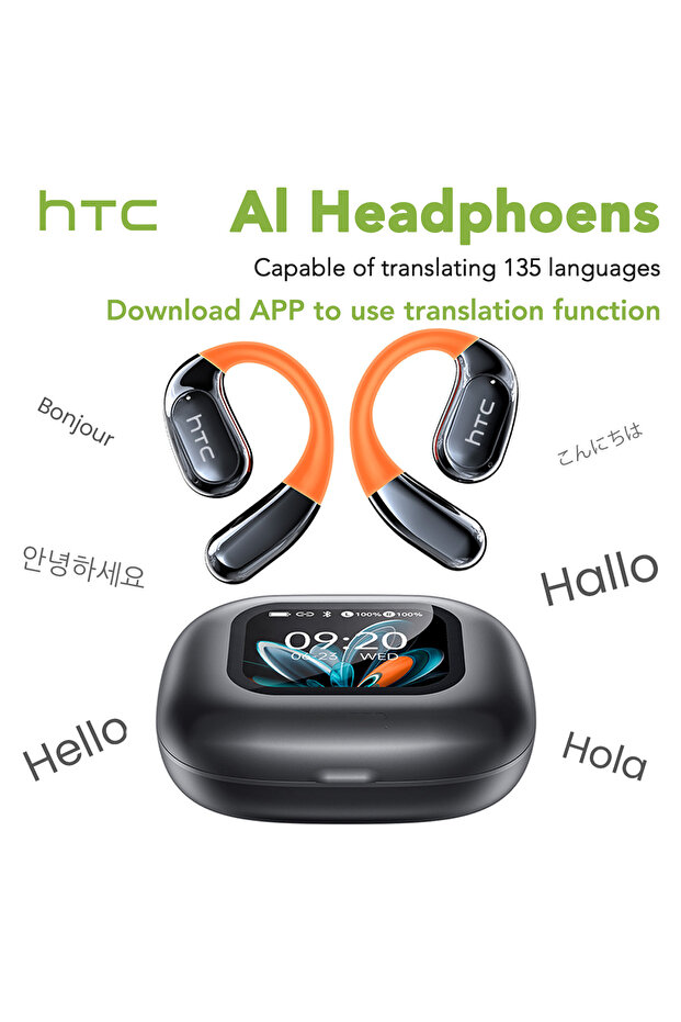 Black AI HTC NE27 Wireless Headphones AI Translator Earbuds OWS Sports Bluetooth Earphones Glowing E