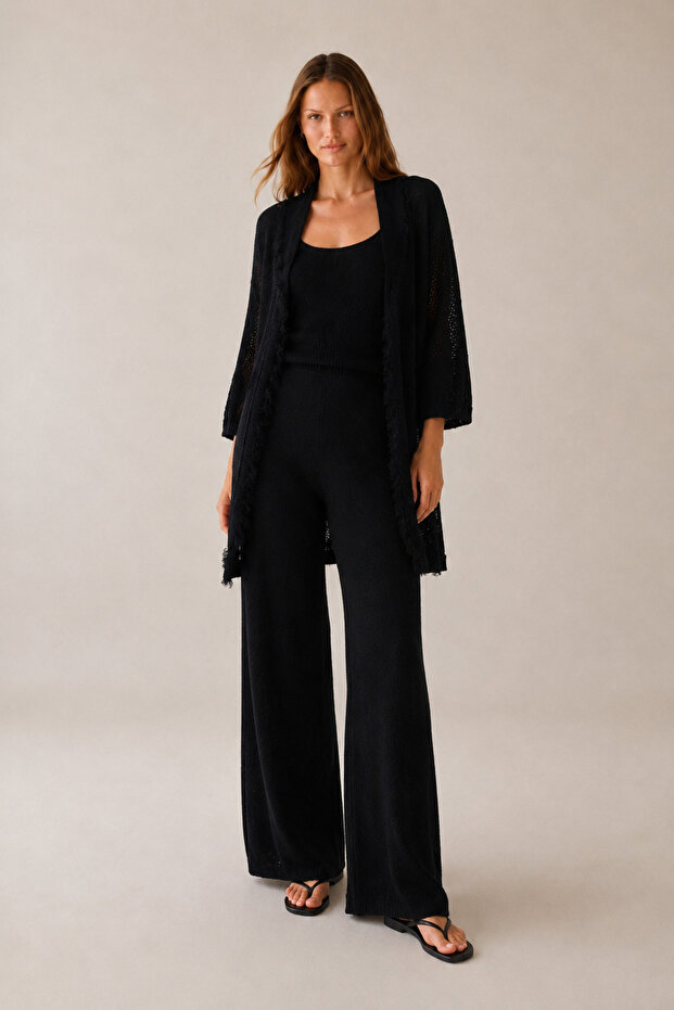 Black Openwork Cardigan - Shawl Collar Blouse and Trousers Set
