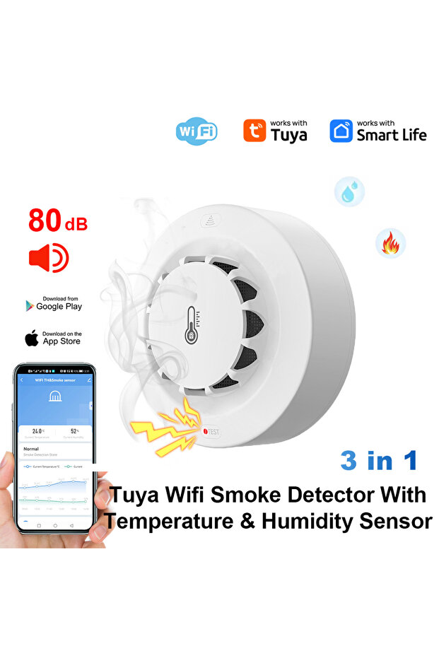 1pc Tuya Wifi BT Two Connection Smoke Detector Temperature Humidity Measurement Device 80dB Sound Al