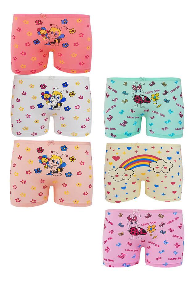 Set of 6 Girls' Boxers 100% Cotton Lycra Printed Fun Comfortable