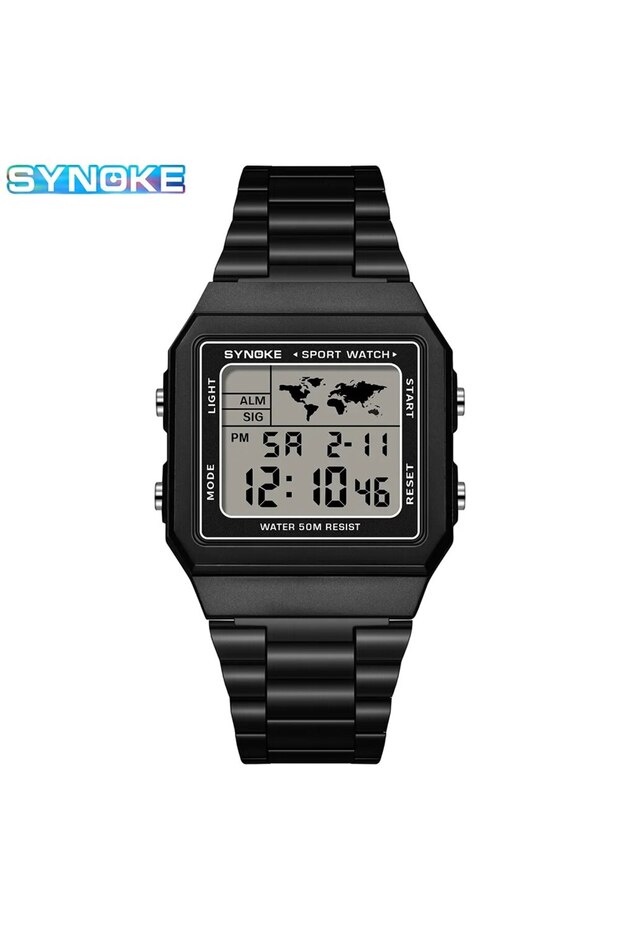 black SYNOKE Stainless Steel watchband Chrono Sport Watches Men Back Light Display Digital Wristwatc