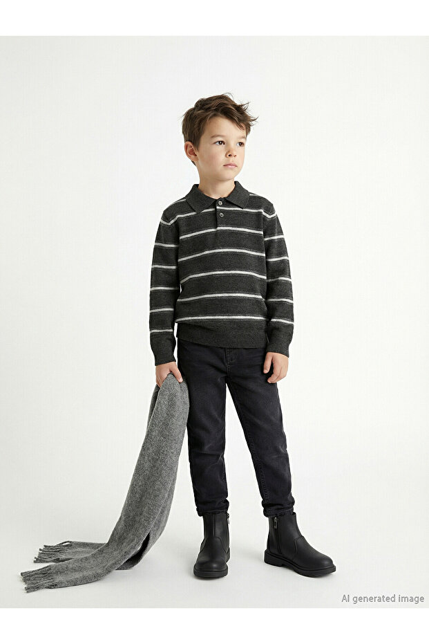Lcw Kids Anthracite Polo Collar Striped Boys' Knit Sweater