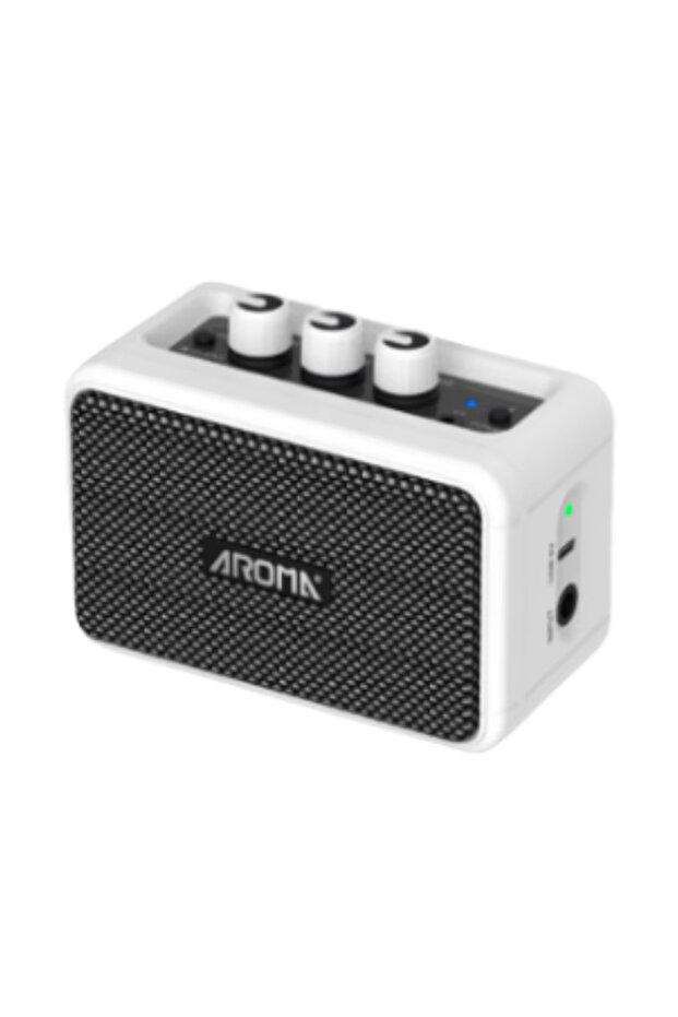 AG-04 White Aroma AG-04 Mini Electric Guitar Amplifier, Rechargeable, Bluetooth, Clean Overdrive, He