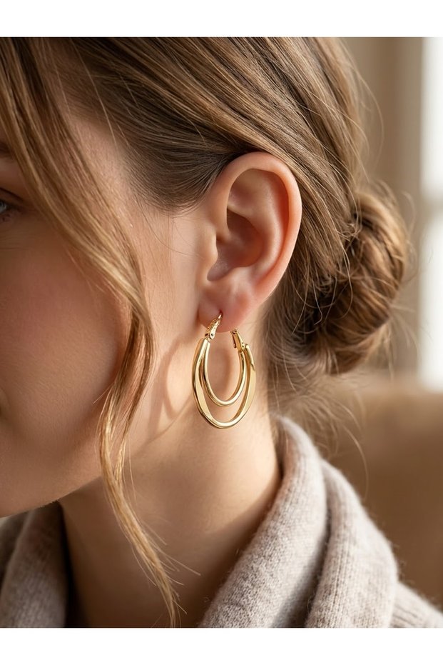 Women's Gold Double Hoop Earrings - Two Row Shiny Steel Earrings - Trendy Earring Styles