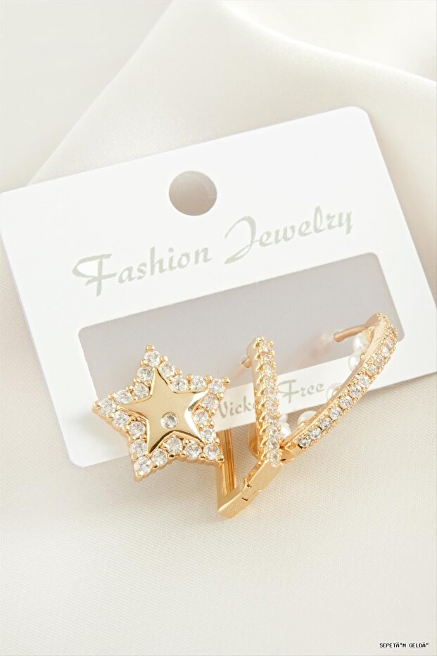 Spt-Gld 3 Pieces Star Pearl Zircon Stone (41936) Earrings Yellow
