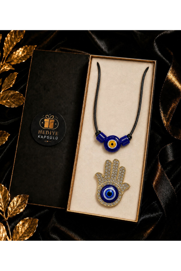 Handmade Glass Evil Eye Beaded Necklace and Stone Fatma Ana Hand Brooch Gift Set