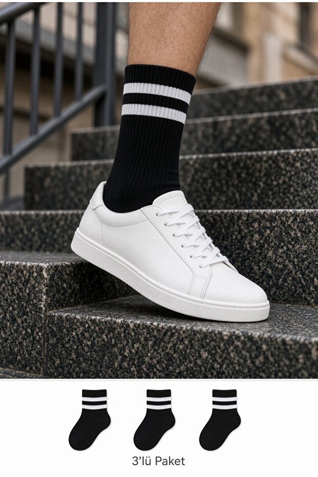 Black Unisex 3-Pack Cotton Striped College Socks Set