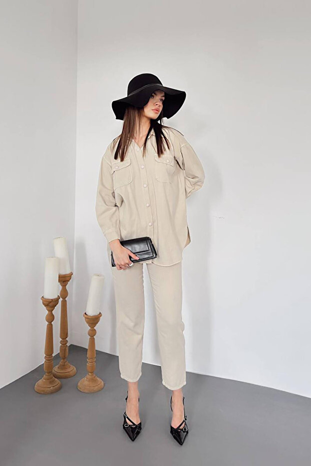 Beige Washed Shirt and Pants Set