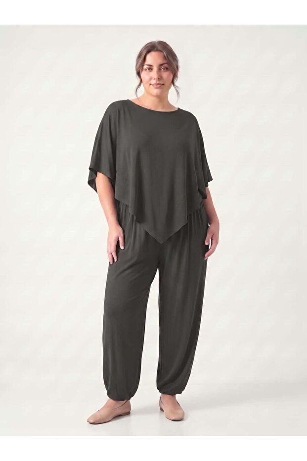 Women's Plus Size Two-Piece Set Lyocell Bat Sleeve Balloon Leg Pants Anthracite