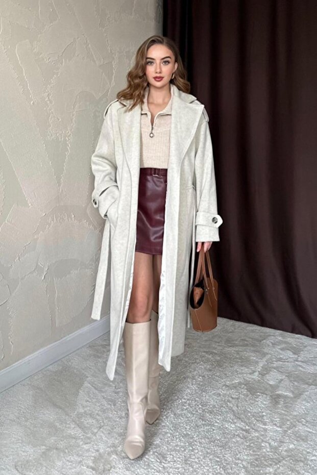 Beige Long Cashmere Belted Coat