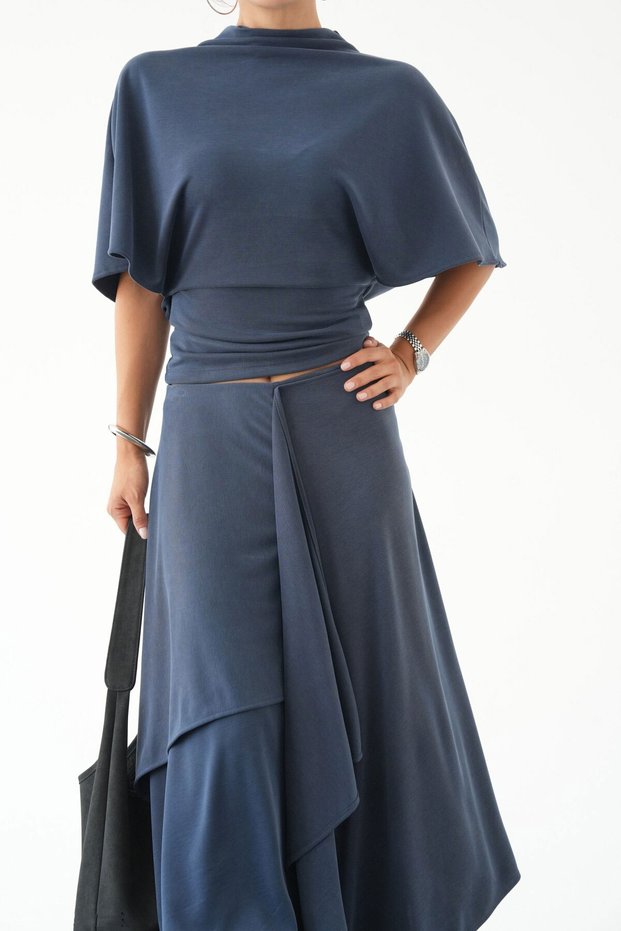 Stand-Up Collar Blouse with Asymmetric Cut Skirt Set - Dark Blue