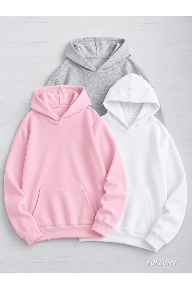 White Pink Gray 3-Pack Oversized Women's Hooded Sweatshirt