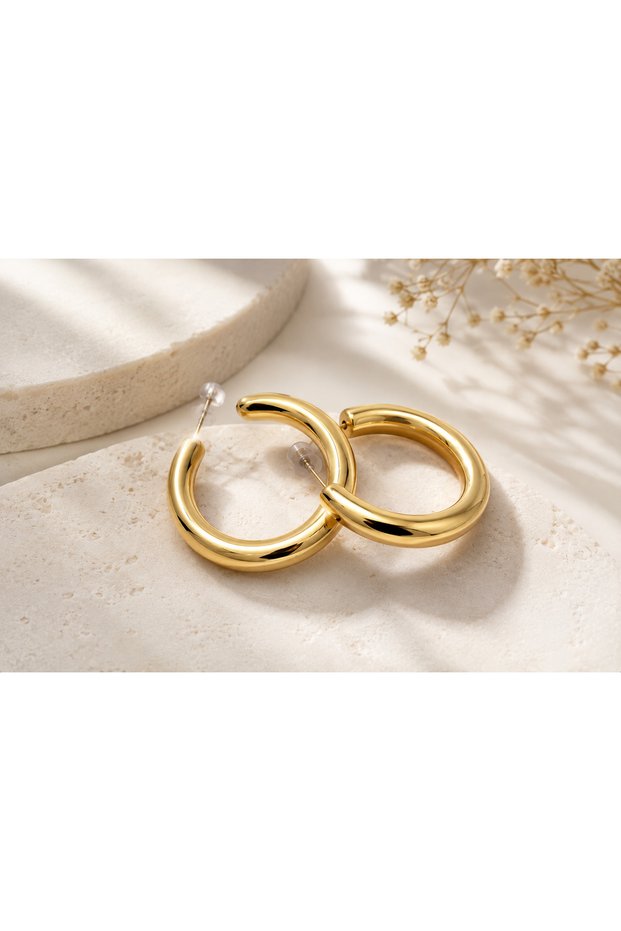 Women's Gold Color Thick Hoop Earrings – Modern Curved Design Stylish Earrings