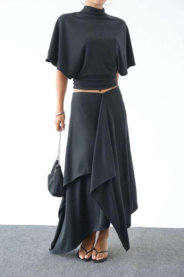 Stand-Up Collar Blouse with Asymmetric Cut Skirt Set - Black