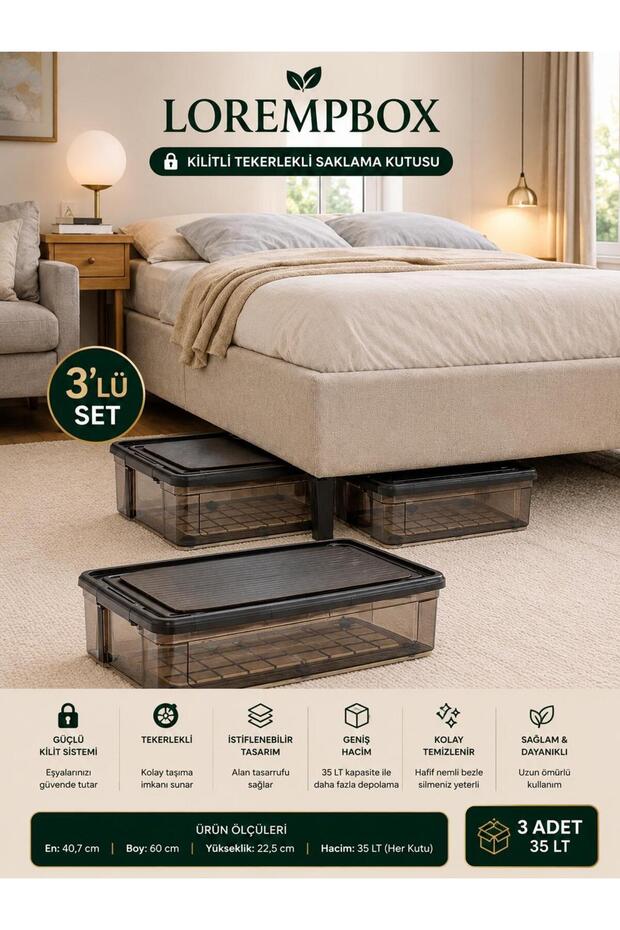 35 Lt Wheeled Lockable Storage Box Set of 3 – Horizontal Stackable Organizing Box for under the Bed