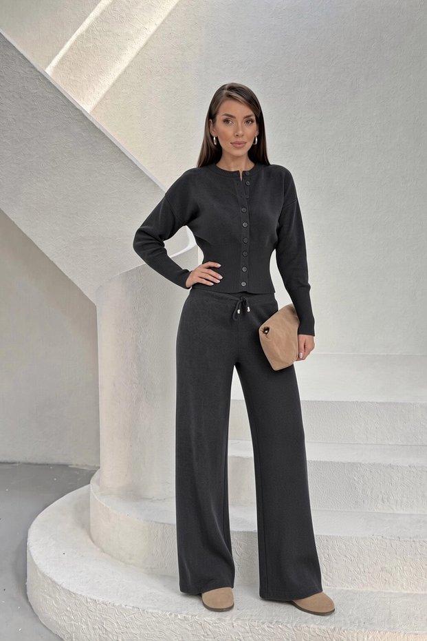 Women's Anthracite Button Detailed Stylish Cardigan Wide Leg Palazzo Trousers Bottom Top Double Knitwear Set (S/M)