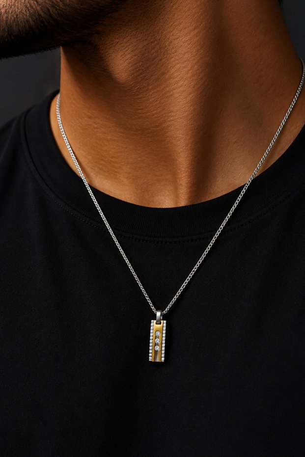 Gold Color Detailed Stone Bar Model Stainless Steel Necklace