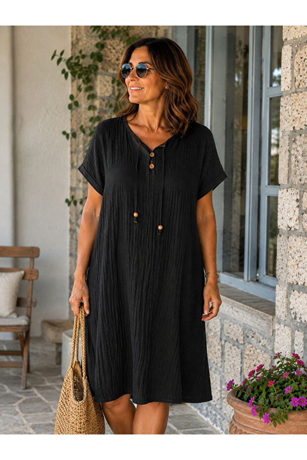 Black 100% Cotton Muslin Fabric Buttoned Short Sleeve Bell Dress